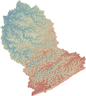 Colored topographic shaded relief map of a mountainous area in Appalachian Kentucky that was severely affected by floods in July 2022.